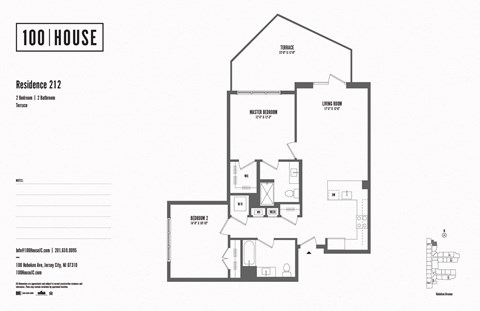 2 bed 2 bath floor plan O at 100 House Apartments, New Jersey